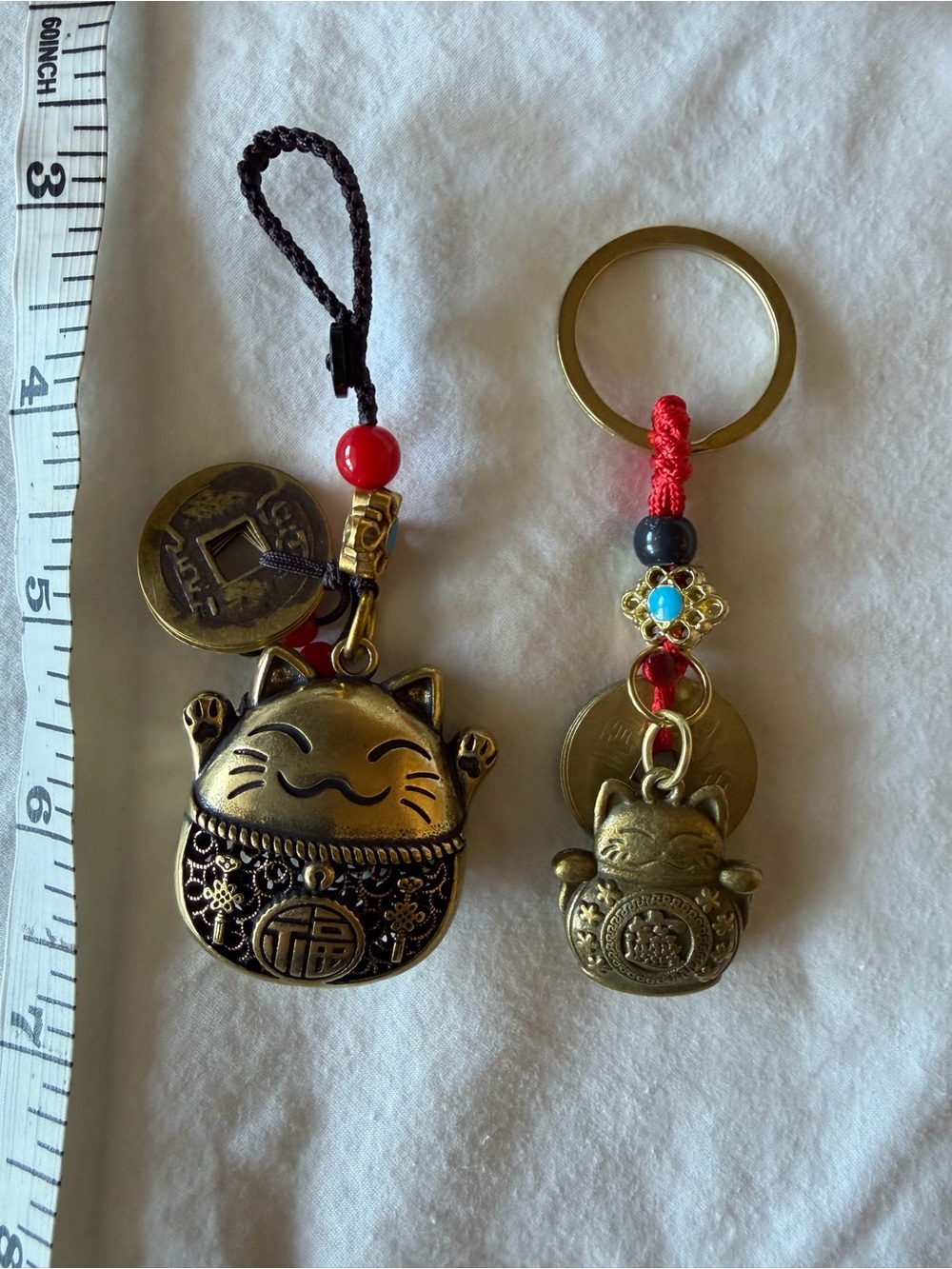 Bronze Lucky Cat Keychain and Bag Charm- Red Cord Maneki Neko Charm